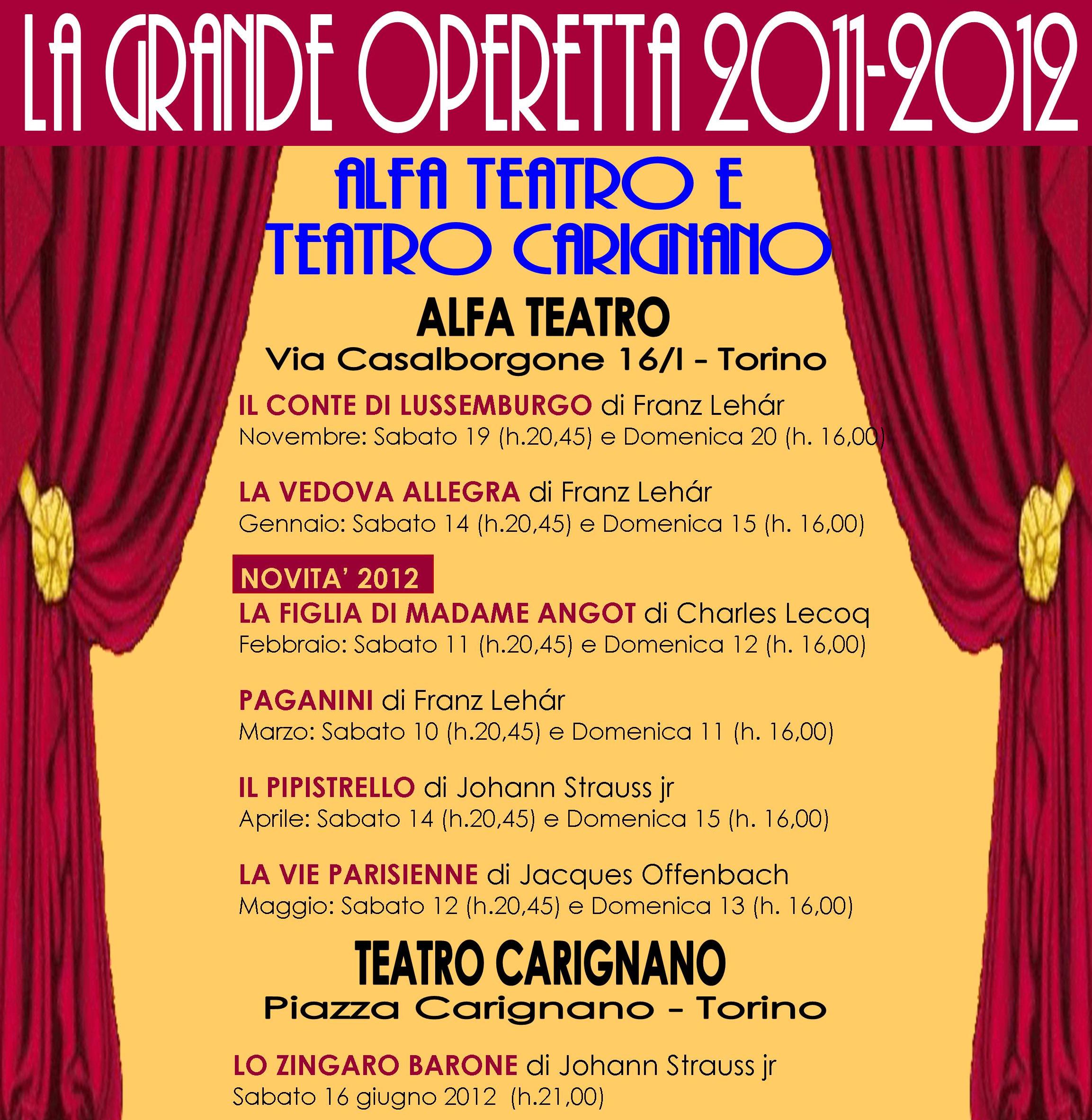 NUOVA STAGIONE DI OPERETTA ALL'ALFA TEATRO E AL TEATRO CARIGNANO